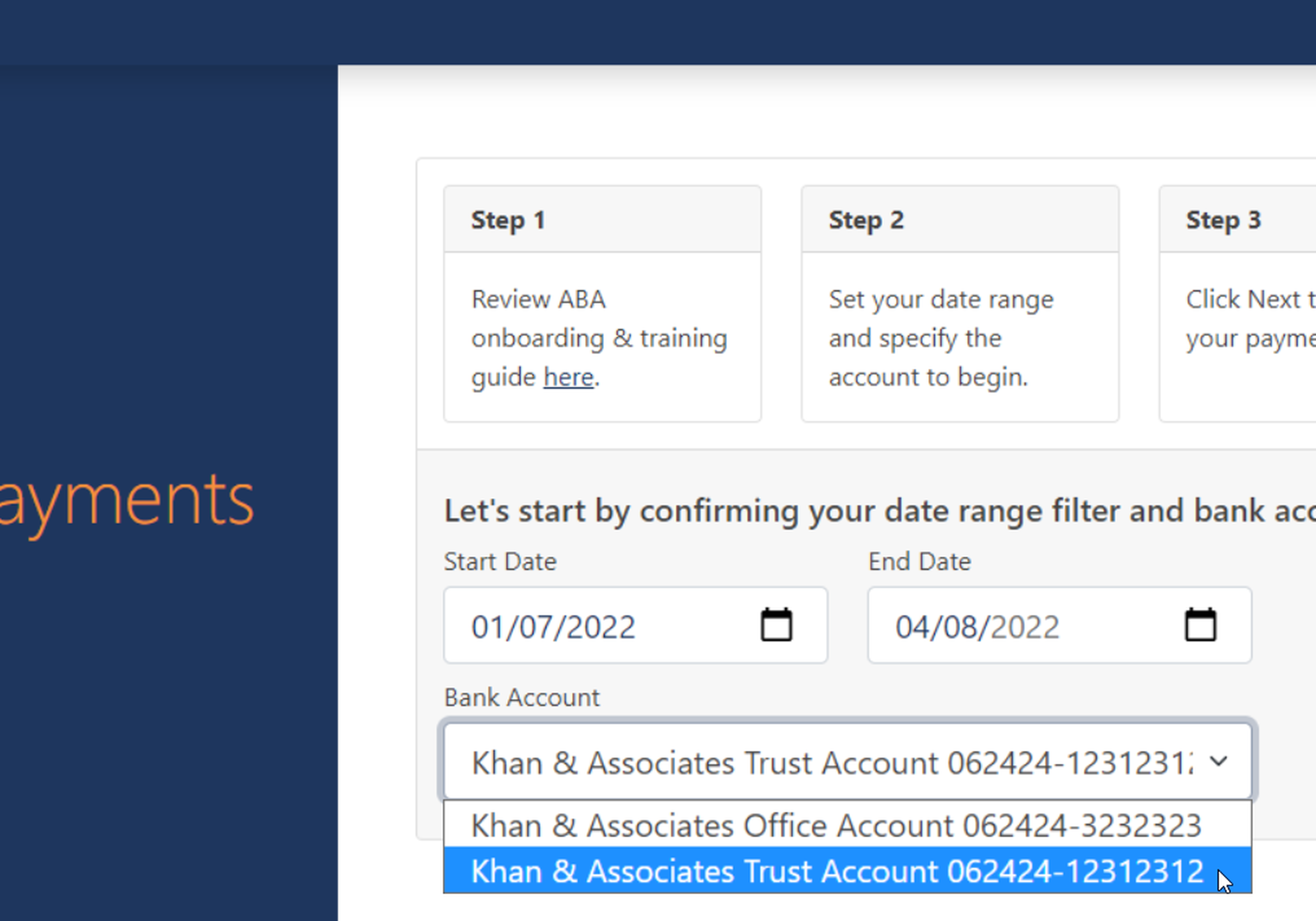 ABA Payments Screen