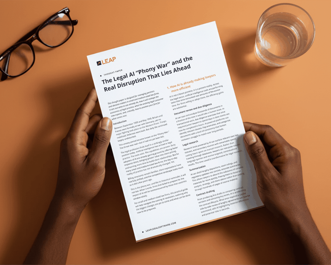 Person holding a document titled "The Legal AI 'Phony War'," on a table with glasses and a glass of water nearby.