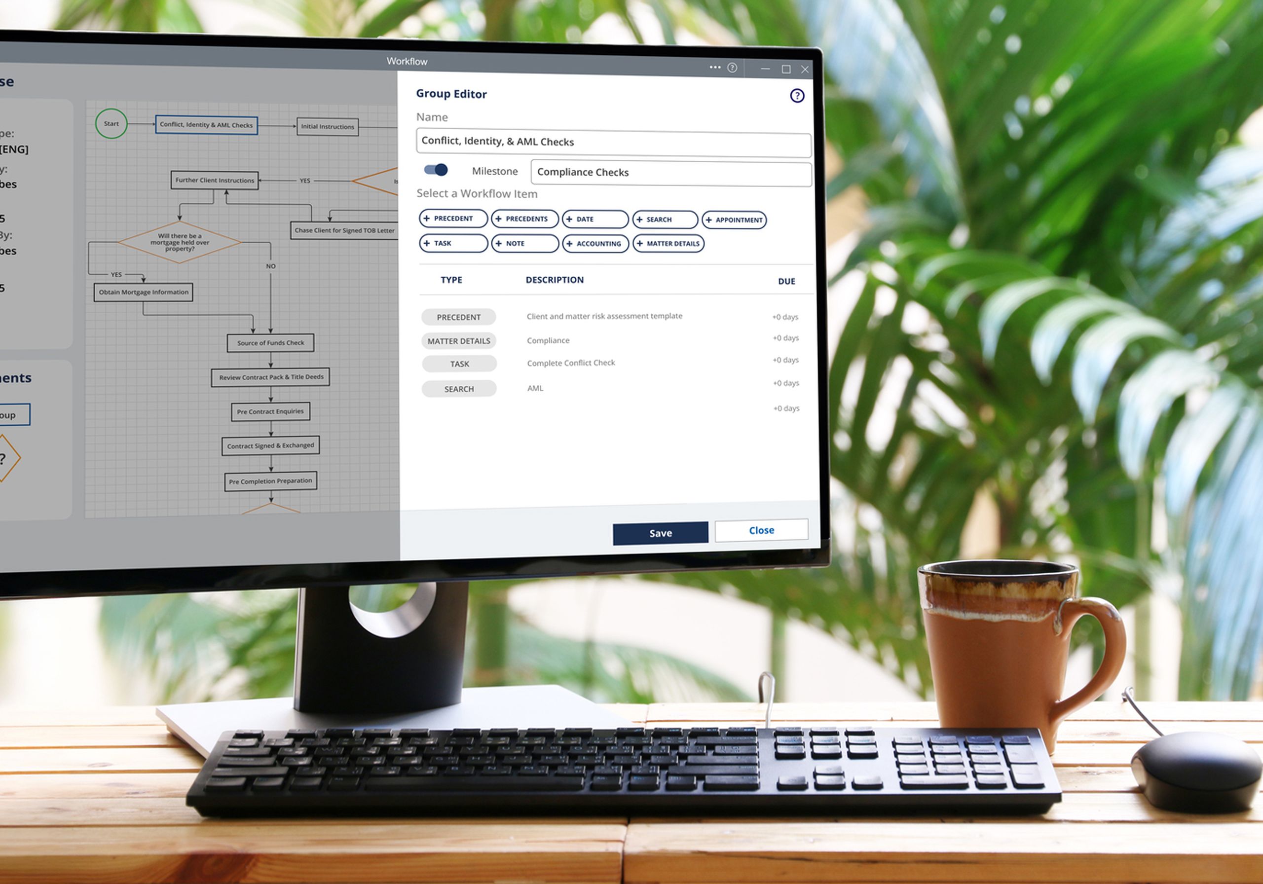 Computer screen displaying a workflow editor with a flowchart and task list, next to a potted plant and a mug on a wooden desk.