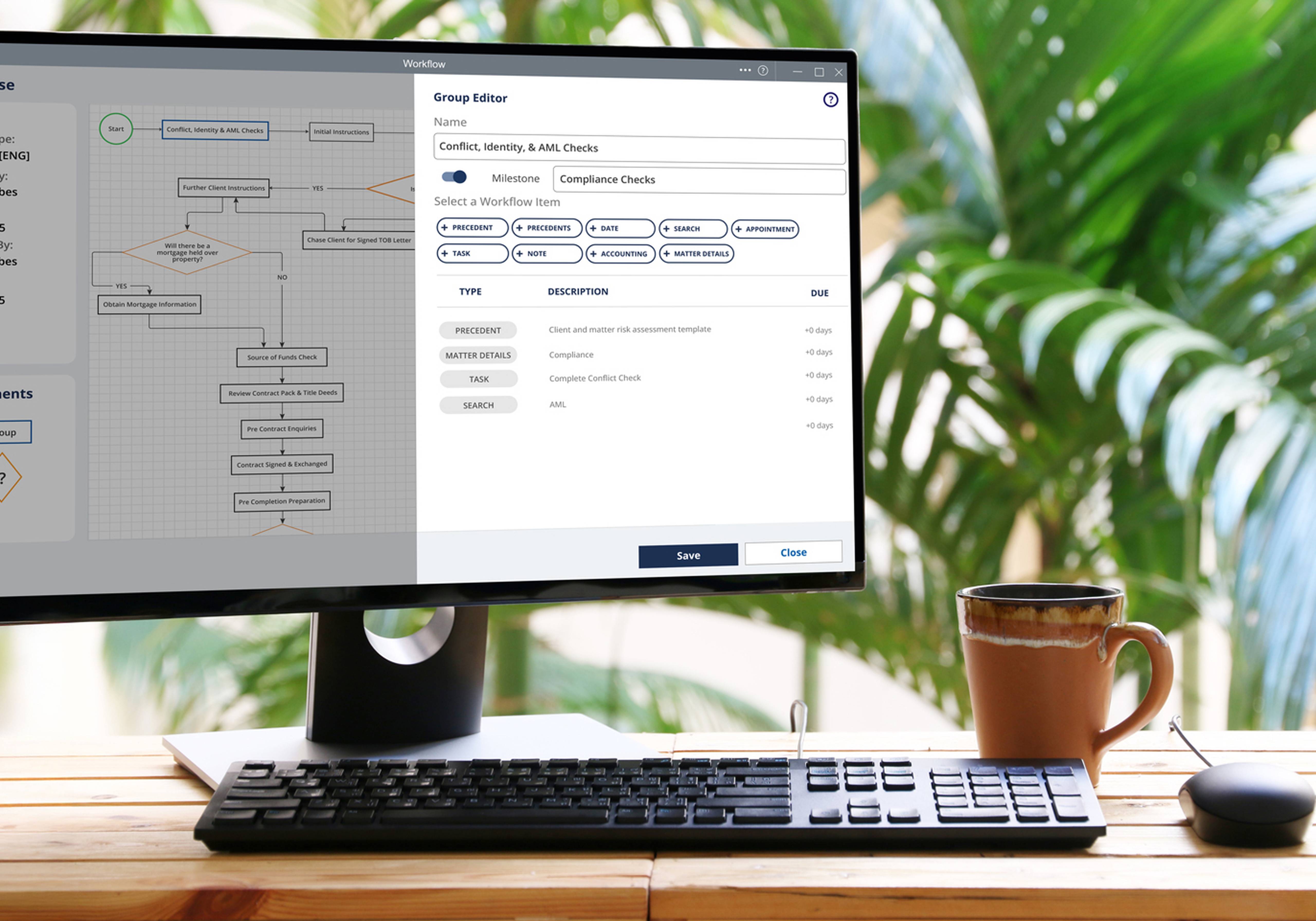 Computer screen displaying a workflow editor with a flowchart and task list, next to a potted plant and a mug on a wooden desk.