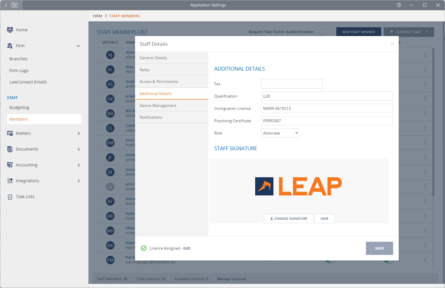 A software interface displaying staff details, including qualifications and contact information, with a "LEAP" logo and save button.