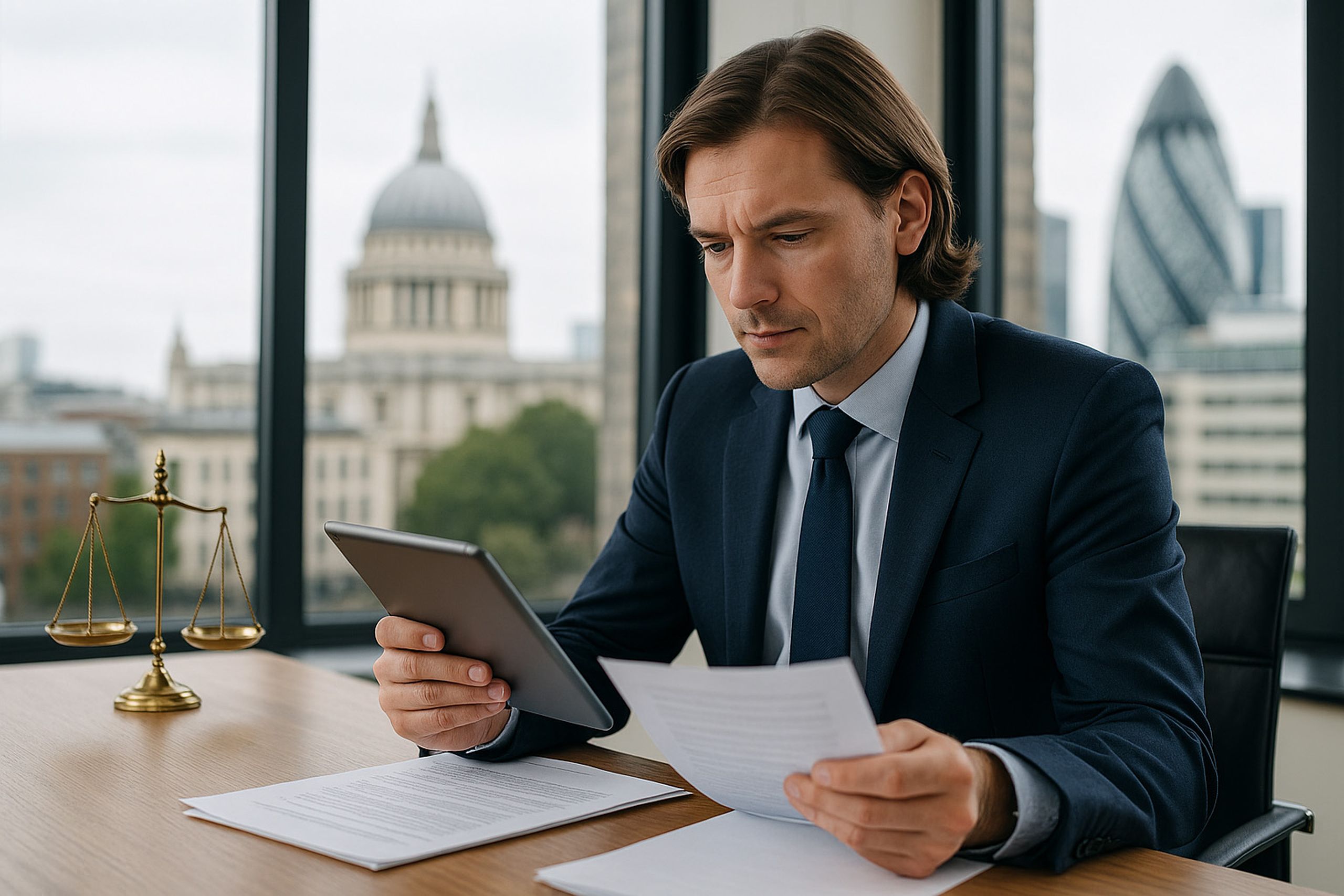 Professional UK solicitor reviewing legal documents on a tablet in a modern London office, symbolising balance, wellbeing and productivity in the legal profession.