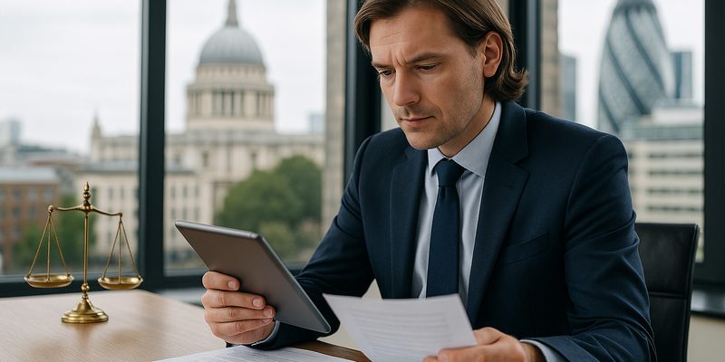 Professional UK solicitor reviewing legal documents on a tablet in a modern London office, symbolising balance, wellbeing and productivity in the legal profession.
