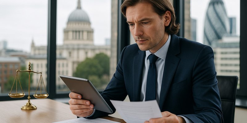 Professional UK solicitor reviewing legal documents on a tablet in a modern London office, symbolising balance, wellbeing and productivity in the legal profession.