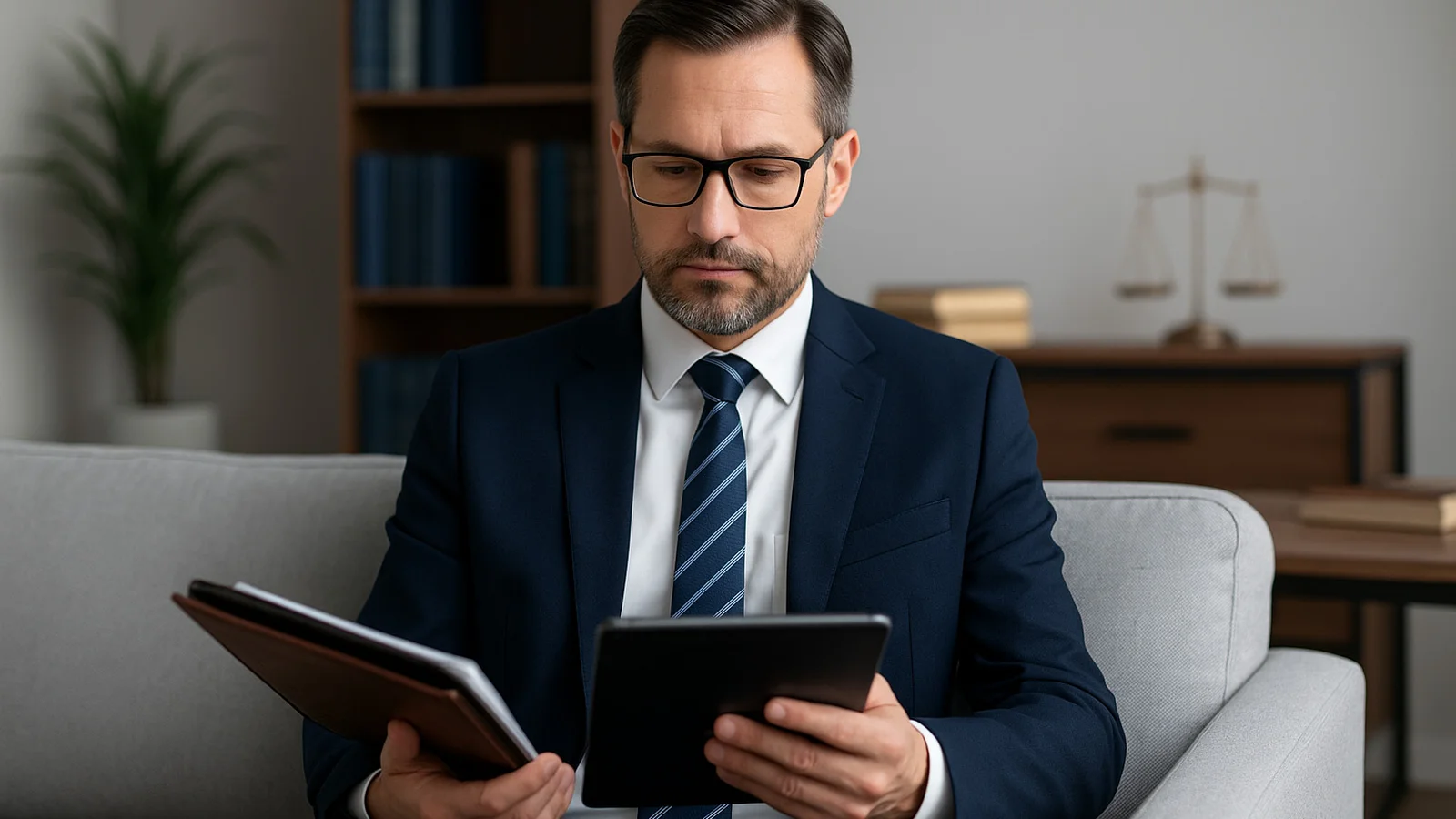 Irish solicitor reflecting on wellbeing and productivity in a modern law office