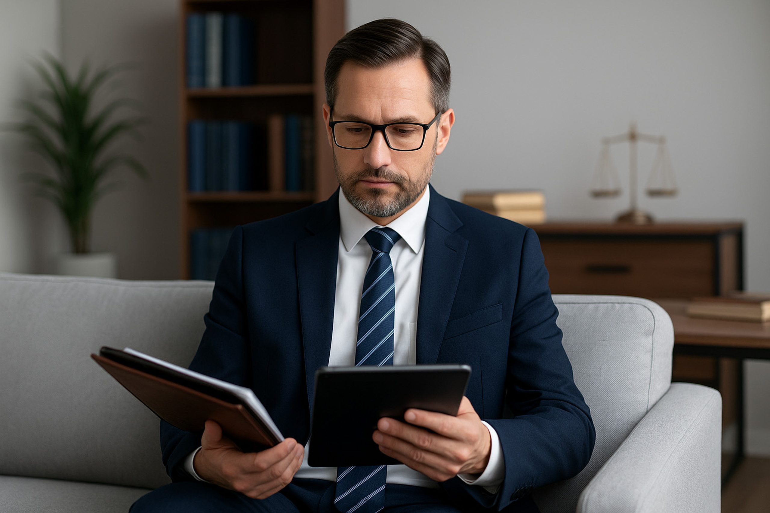 Irish solicitor reflecting on wellbeing and productivity in a modern law office