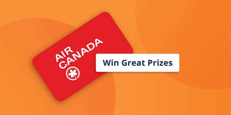 Red card with "Air Canada" logo and "Win Great Prizes" text on orange gradient background.
