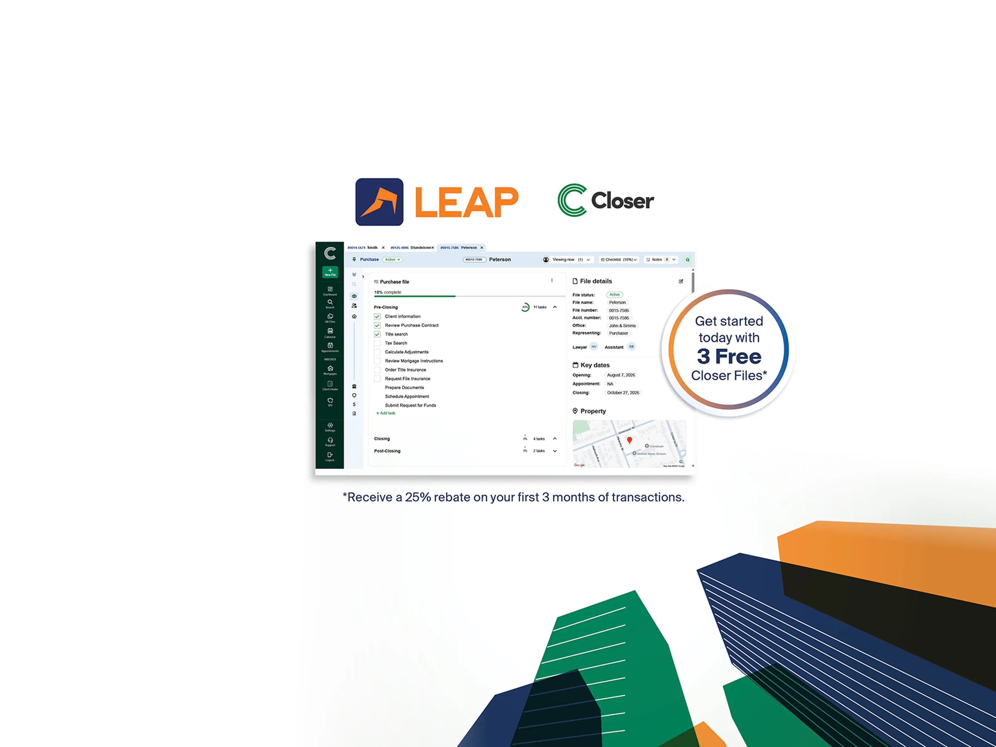 Promo for LEAP Closer software shows a dashboard screenshot offering 3 free Closer files and a 25% rebate on first 3 months of transactions.