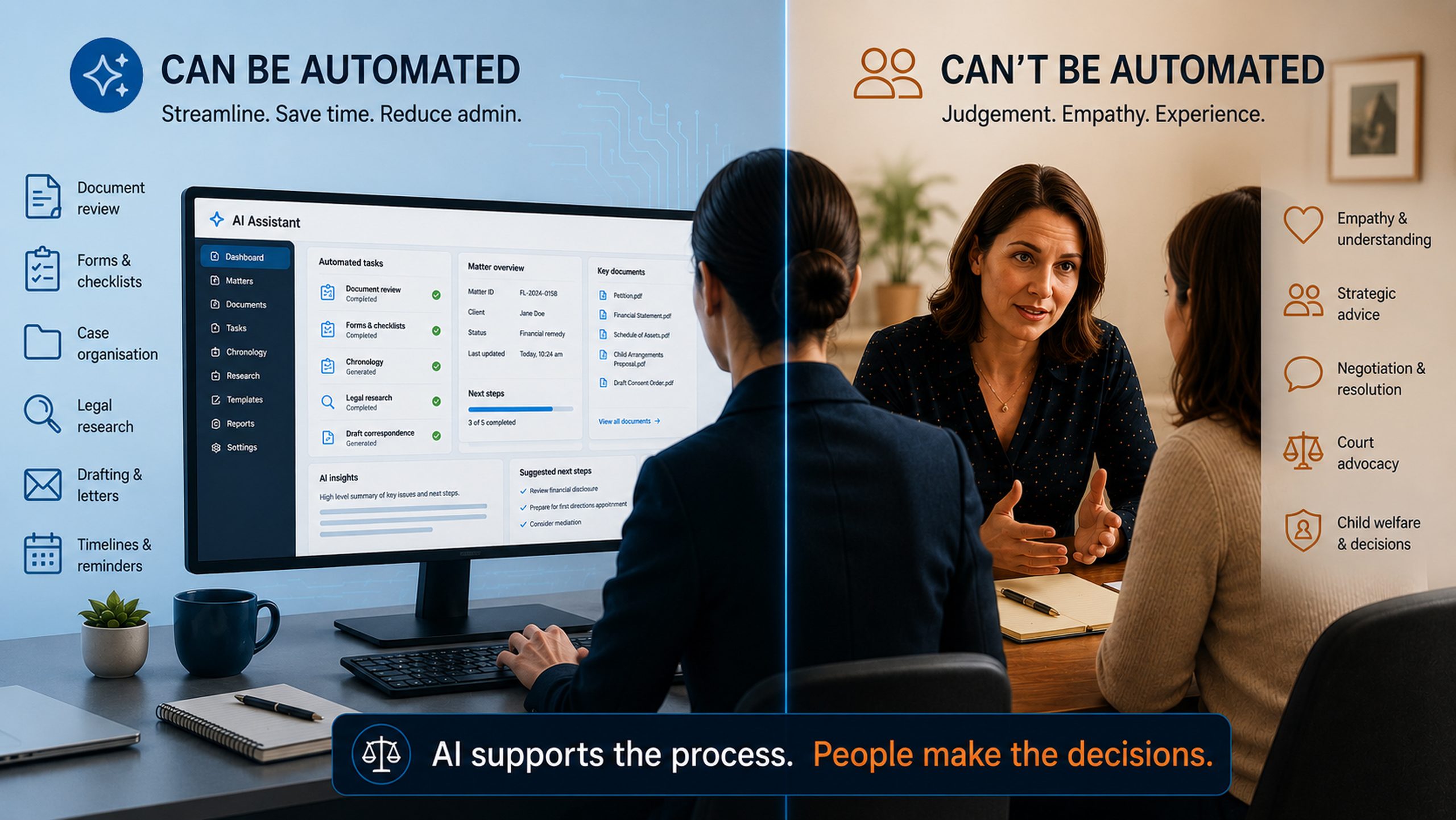 Split-screen image: Left side shows tasks that can be automated by AI, right side shows tasks requiring human judgment and empathy.