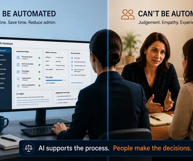 Split-screen image: Left side shows tasks that can be automated by AI, right side shows tasks requiring human judgment and empathy.