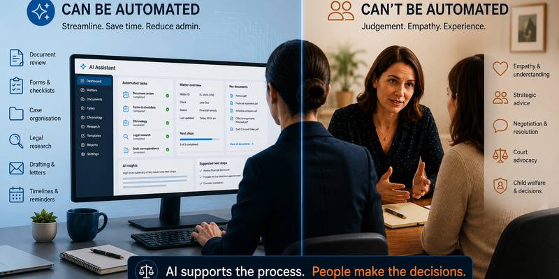 Split-screen image: Left side shows tasks that can be automated by AI, right side shows tasks requiring human judgment and empathy.