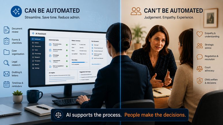 Split-screen image: Left side shows tasks that can be automated by AI, right side shows tasks requiring human judgment and empathy.