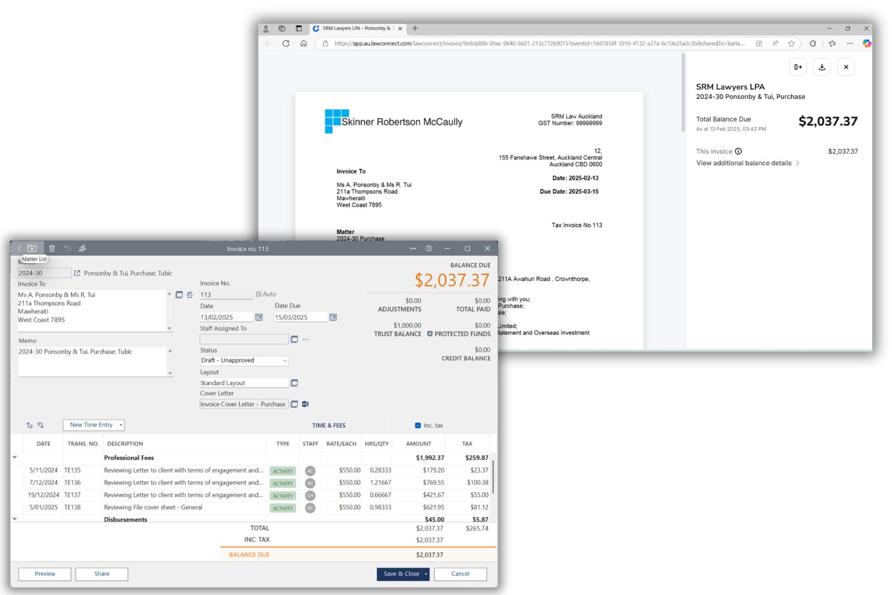 Screenshot showing both invoice from the firm's perspective and client's