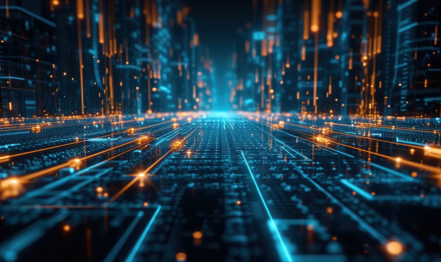 Futuristic image wtih blue and orange circuits representing AI