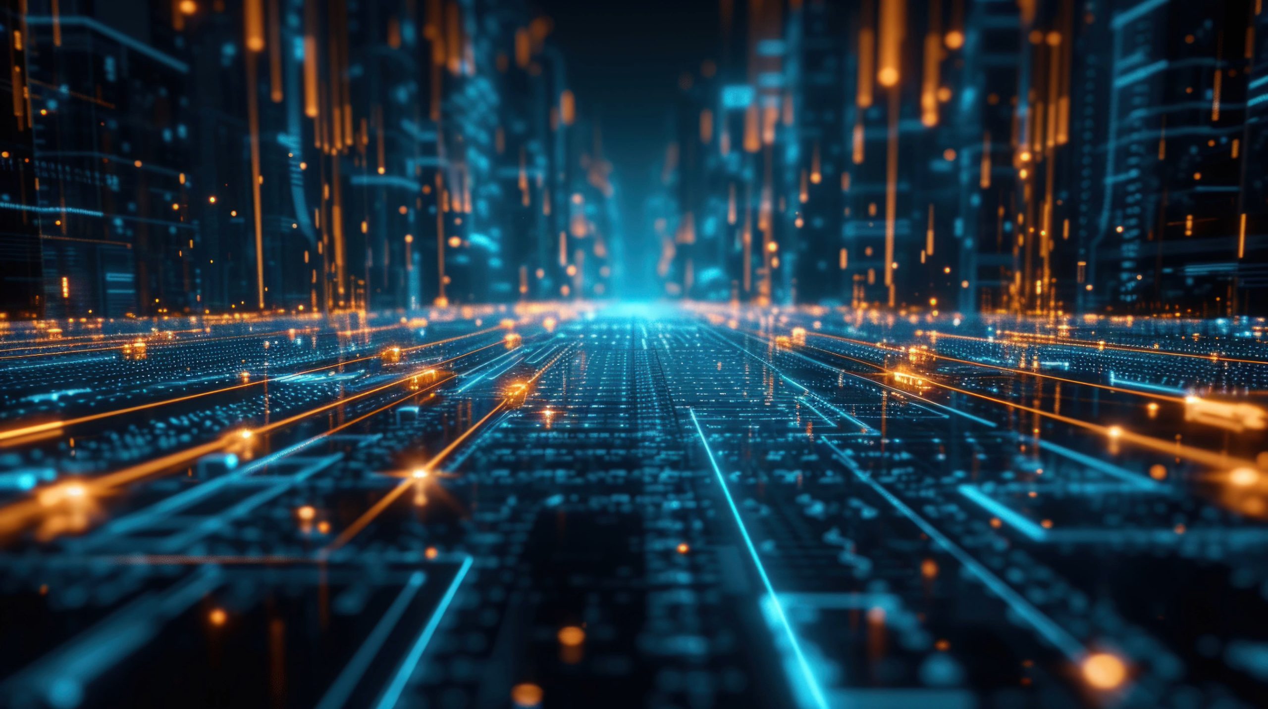Futuristic image wtih blue and orange circuits representing AI
