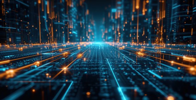 Futuristic image wtih blue and orange circuits representing AI