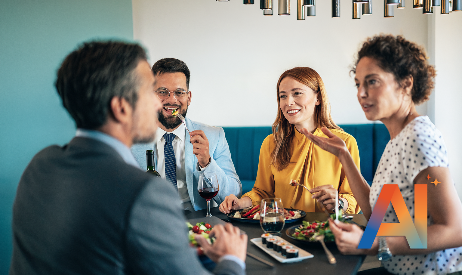 Four people in business attire enjoy a meal and conversation at a restaurant table, with a bright "AI" logo in the foreground.