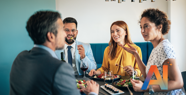 Four people in business attire enjoy a meal and conversation at a restaurant table, with a bright "AI" logo in the foreground.