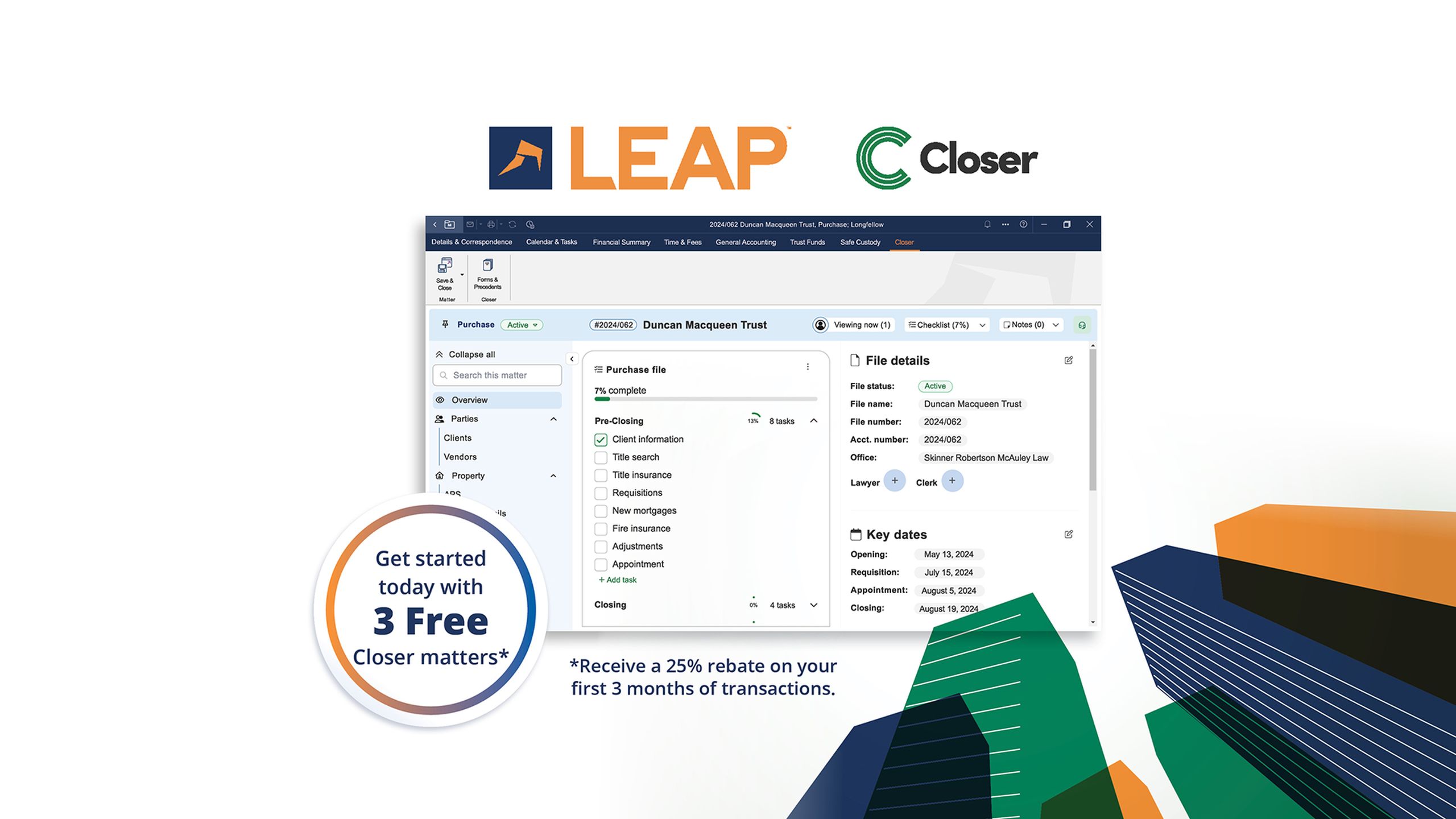 Screenshot of LEAP and Closer software interface with promotional text offering 3 free Closer matters and a 25% rebate on transactions.