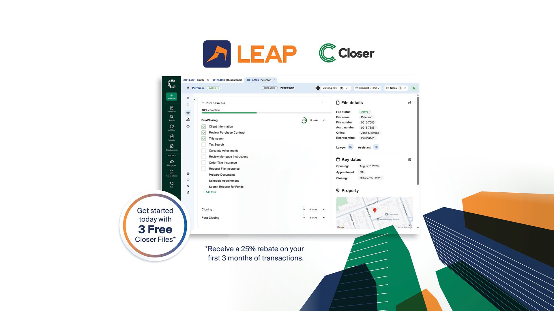 Software interface showing transaction management features by LEAP Closer. Offers 3 free files and a 25% rebate on first 3 months of transactions.