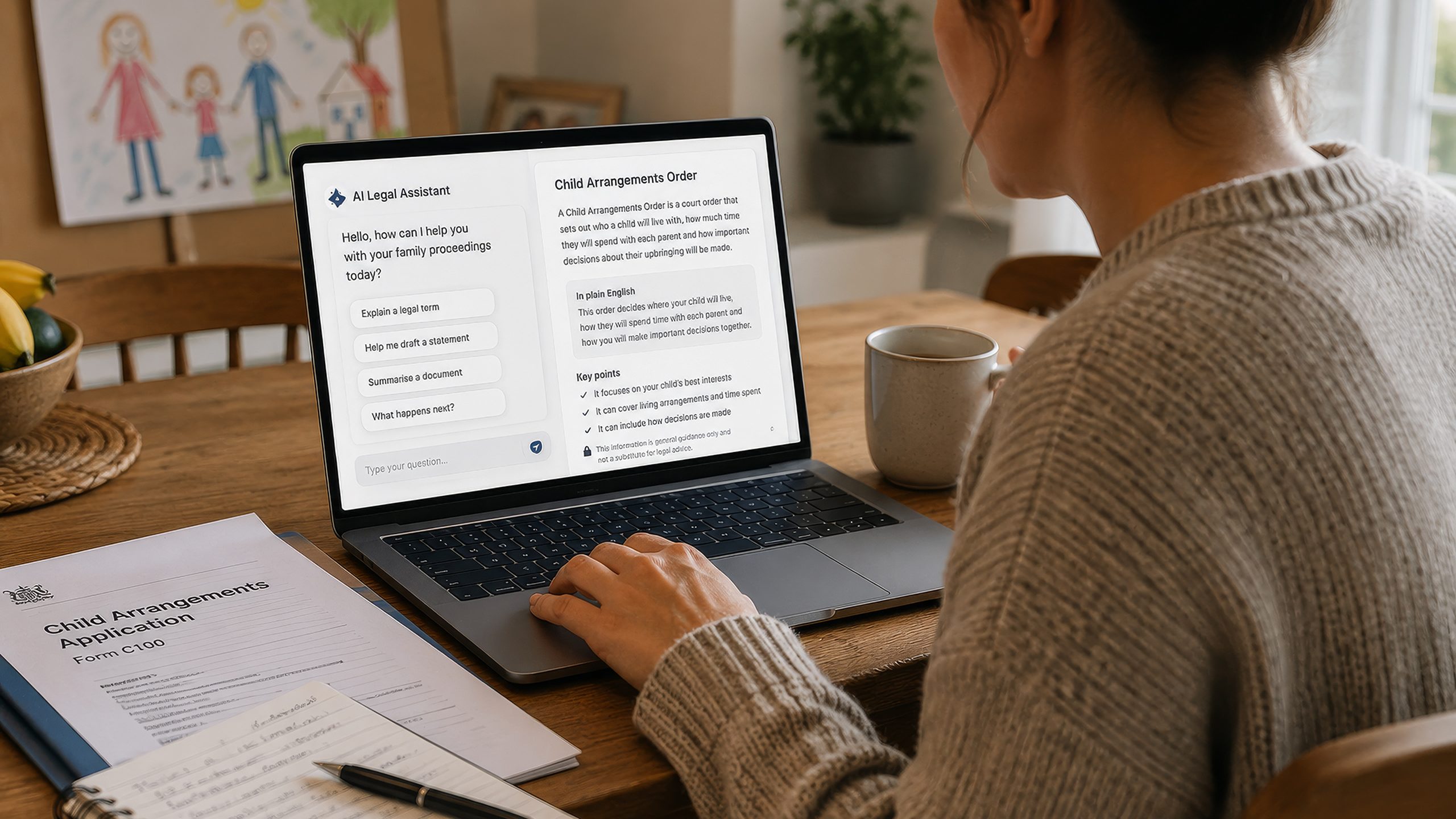 A woman sits at a table, using a laptop displaying "AI Legal Assistant" for a child arrangements order. Papers and a coffee mug are nearby.
