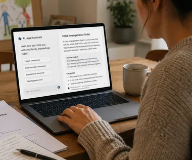 A woman sits at a table, using a laptop displaying "AI Legal Assistant" for a child arrangements order. Papers and a coffee mug are nearby.