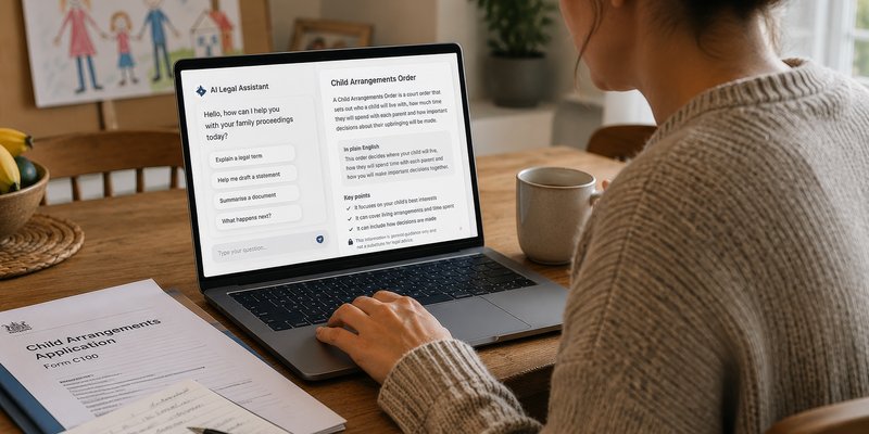 A woman sits at a table, using a laptop displaying "AI Legal Assistant" for a child arrangements order. Papers and a coffee mug are nearby.