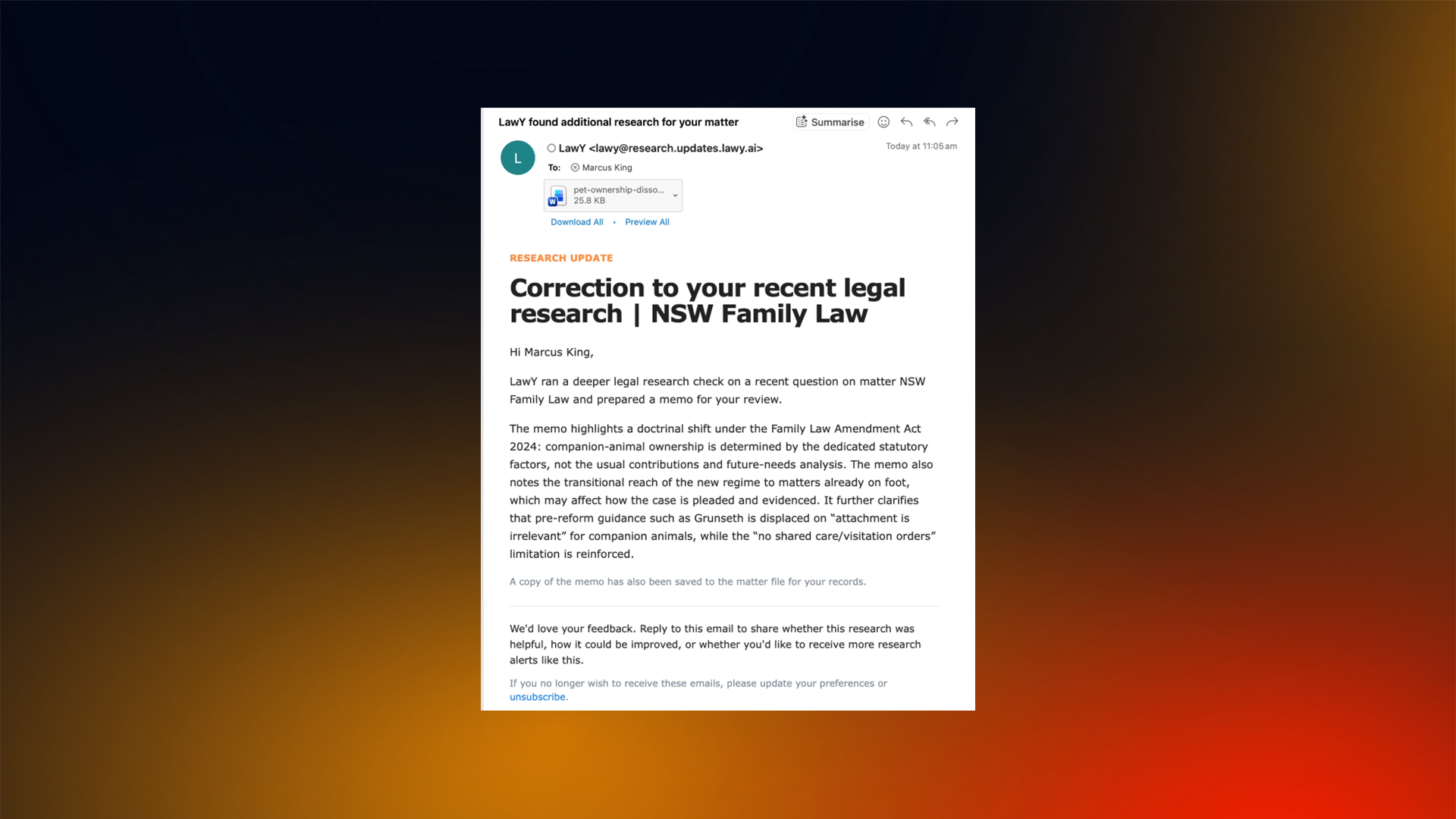 Email titled "Correction to your recent legal research | NSW Family Law" discussing changes under the Family Law Amendment Act 2024.