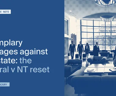 Text on blue background reads "Exemplary damages against the state: the Austral v NT reset." People in suits converse in a modern office lounge.