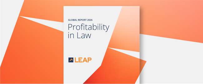Cover of "Profitability in Law: Global Report 2026" by LEAP, featuring a modern orange and white geometric design.