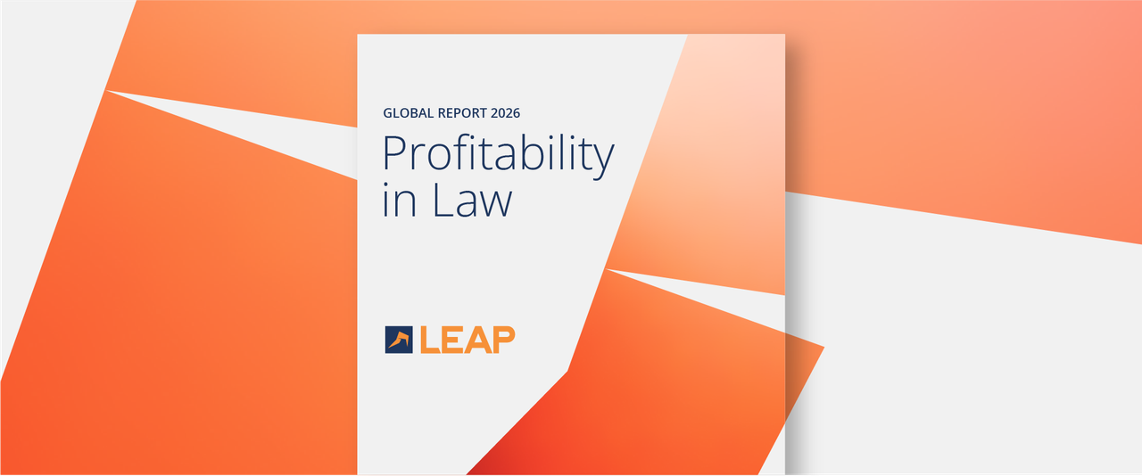 Cover of "Profitability in Law: Global Report 2026" by LEAP, featuring a modern orange and white geometric design.