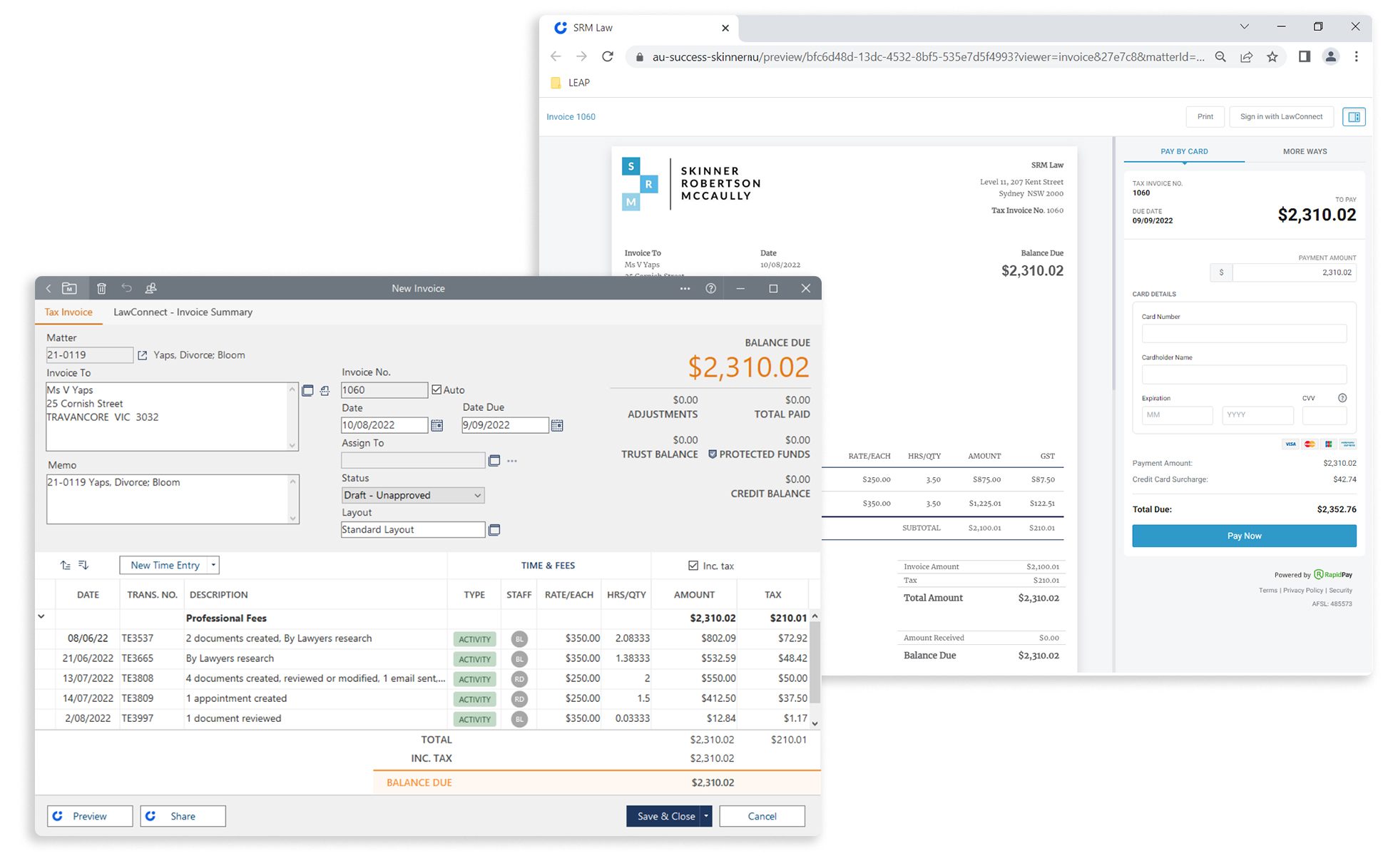 Features Matter Activity Recording Interactive Invoicing LawConnect & Activity