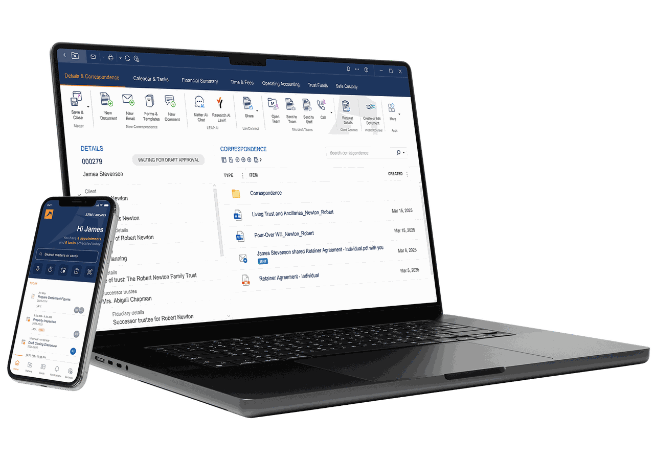 A laptop and smartphone display LEAP's interface with emails and tasks, showcasing a unified digital workspace.