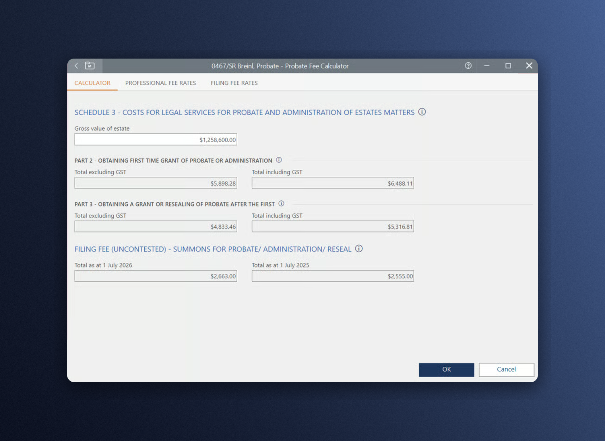Screenshot of a probate fee calculator showing costs for legal services, grants, and filing fees for estate matters, including GST totals.