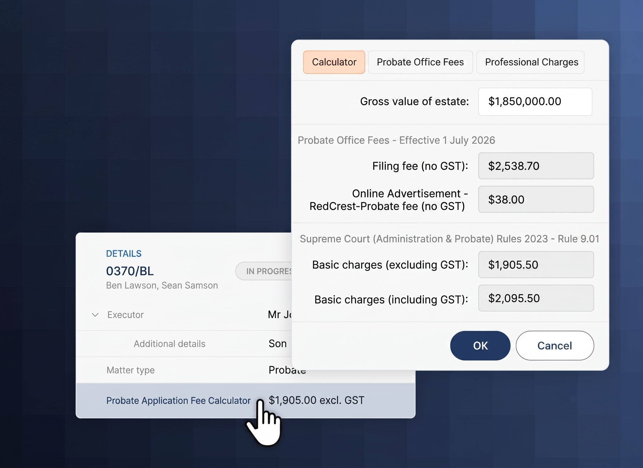 Probate office fee calculation interface displaying estate value, filing fees, basic charges, and a user clicking on "Probate Application Fee Calculator."