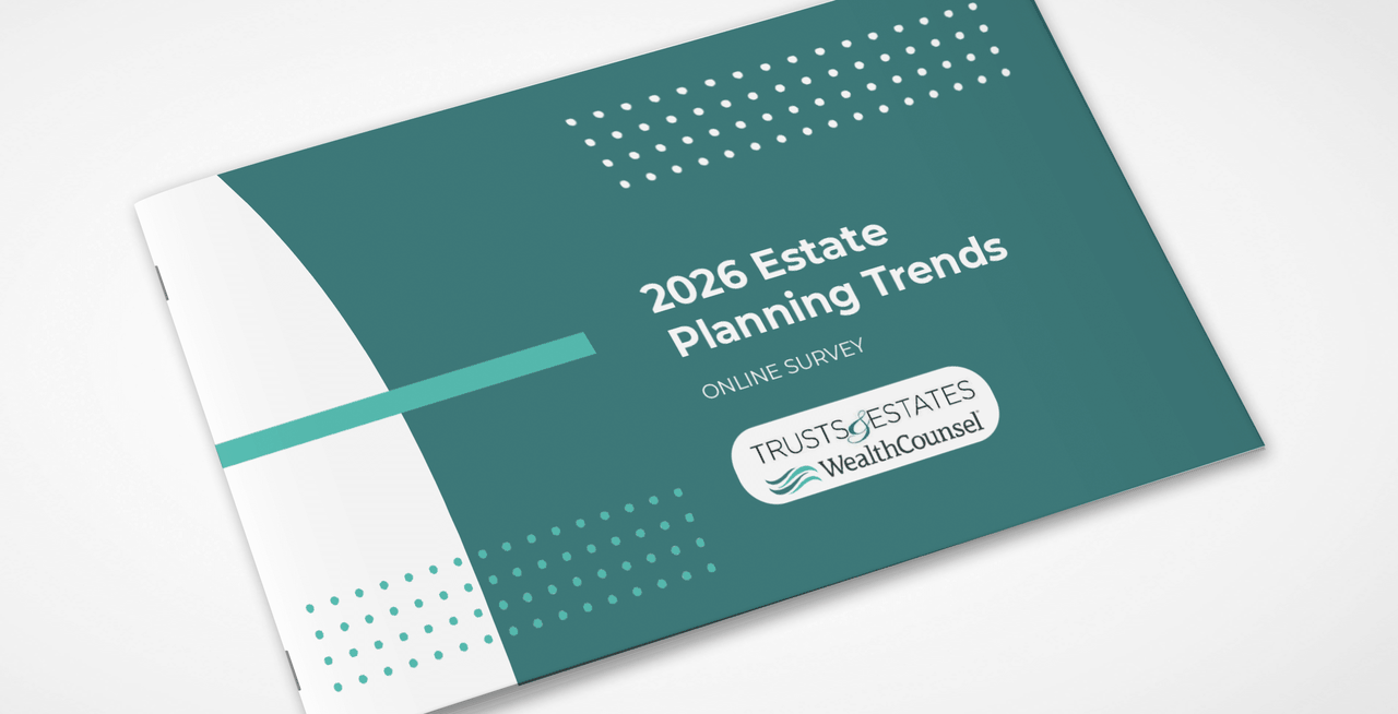 Green booklet cover titled "2026 Estate Planning Trends: Online Survey" with Trusts & Estates logo at the bottom.