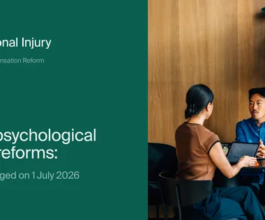 Two people discussing at a table, with text about NSW psychological injury reforms effective from July 1, 2026, on a green background.