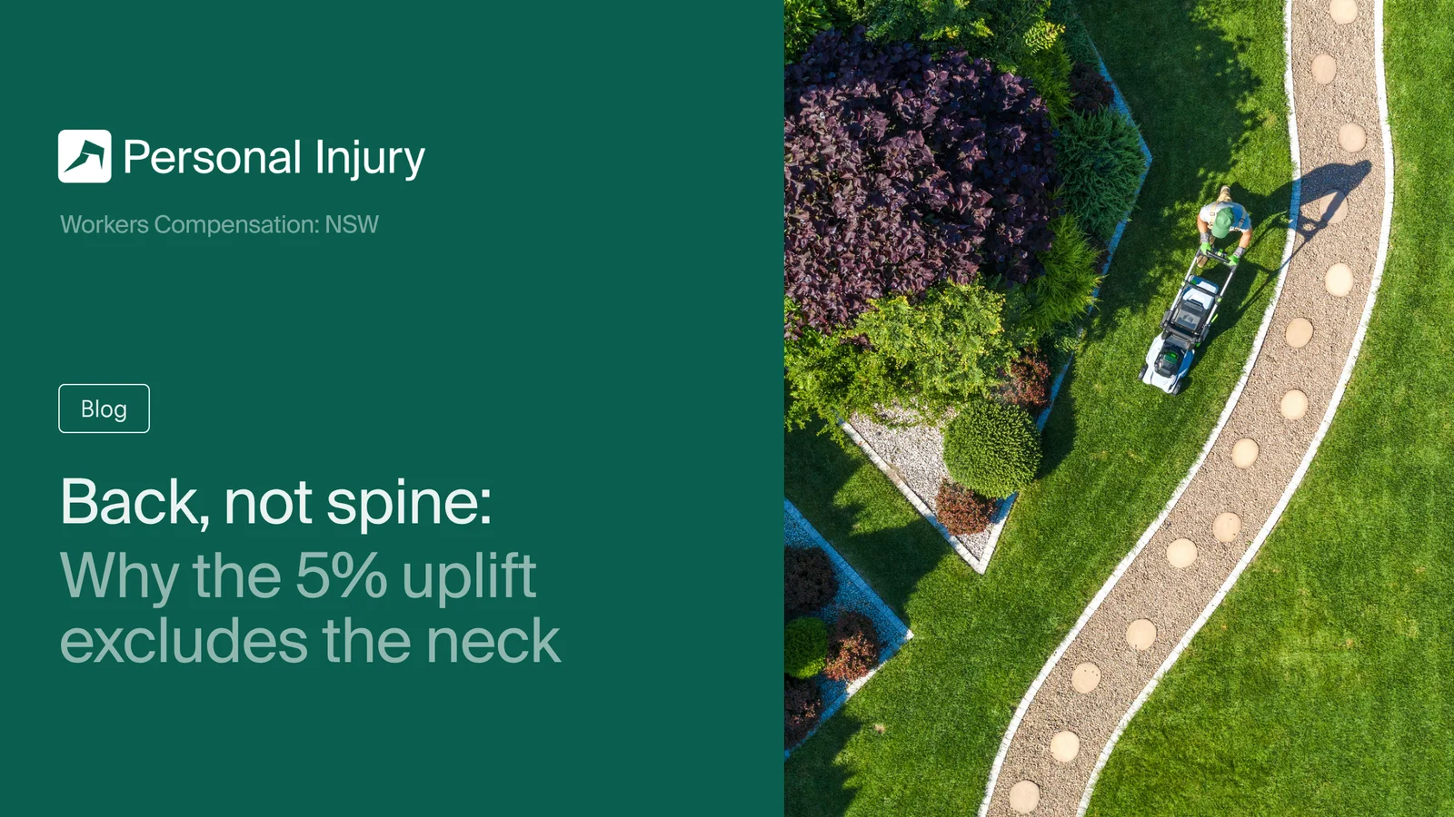 Aerial view of a person mowing a curved garden path lined with perfectly trimmed green grass and various plants, alongside text about personal injury.