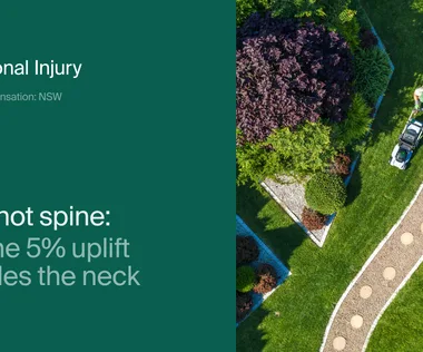 Aerial view of a person mowing a curved garden path lined with perfectly trimmed green grass and various plants, alongside text about personal injury.