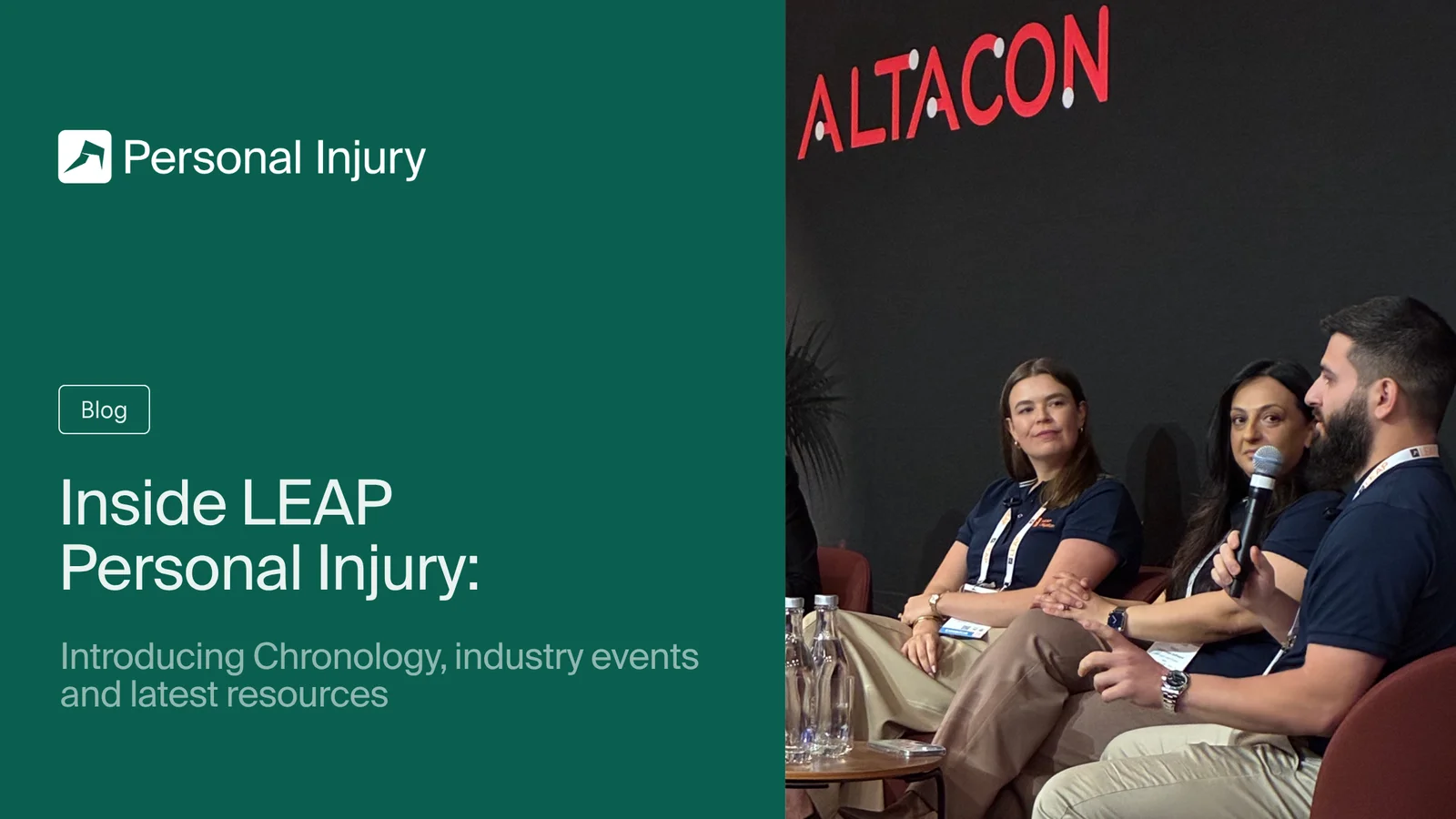 Three people seated and engaged in a discussion at ALTACON with text about LEAP Personal Injury blog on the left side.