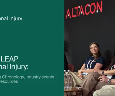 Three people seated and engaged in a discussion at ALTACON with text about LEAP Personal Injury blog on the left side.