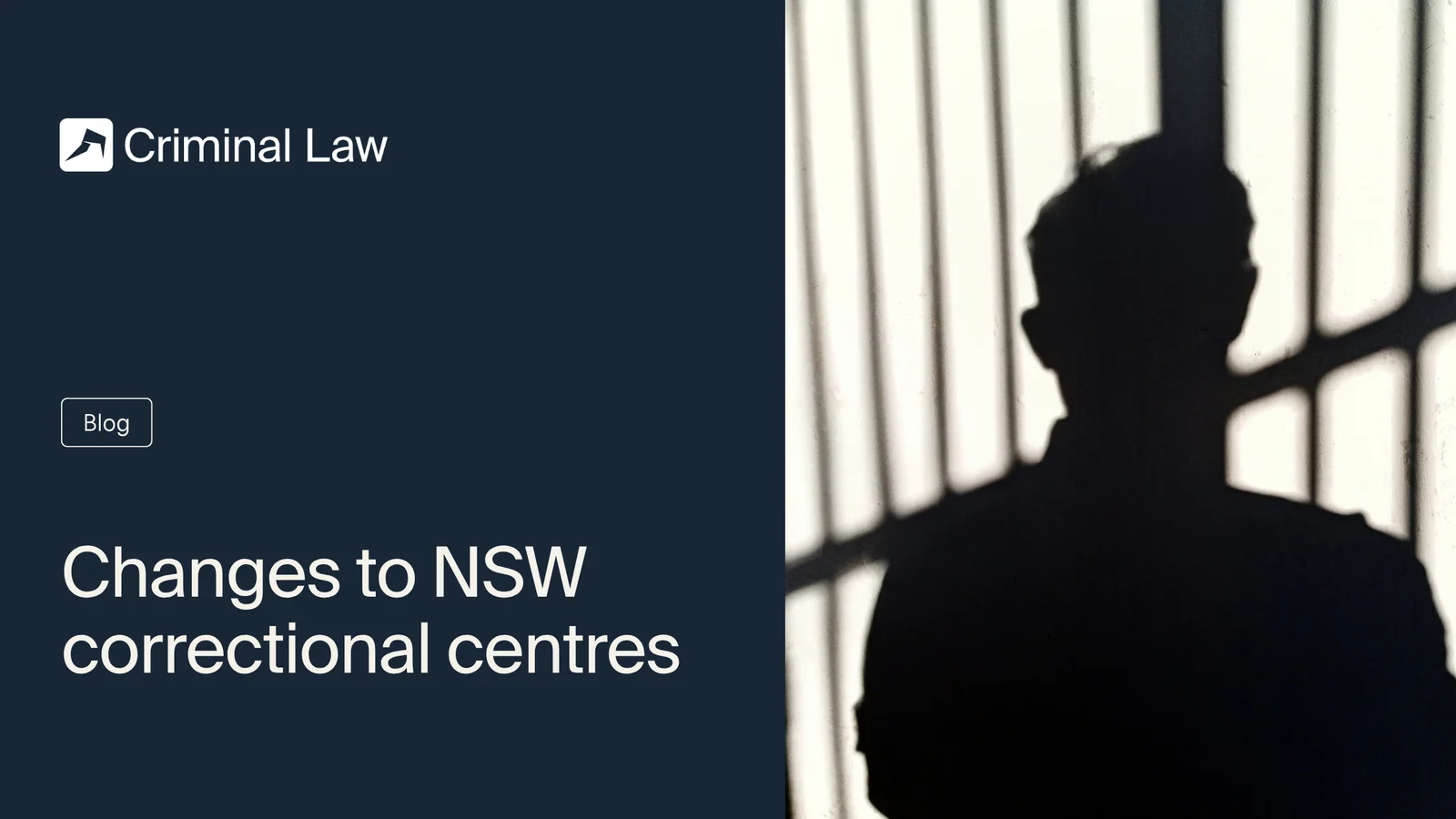 Silhouette of a person behind bars with text: "Criminal Law: Changes to NSW correctional centres," and a "Blog" button.