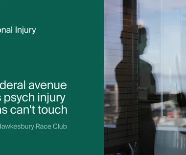 A blog titled "The federal avenue NSW's psych injury reforms can't touch" with silhouettes of two people conversing through a glass wall.