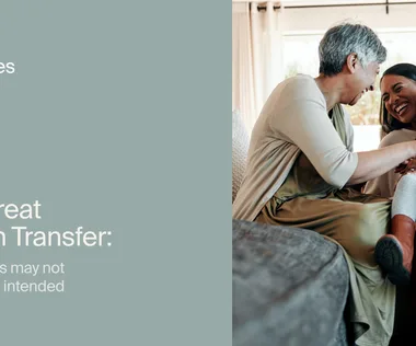 A family of three generations laughing together at home, with text about a blog titled "The Great Wealth Transfer" to the left.