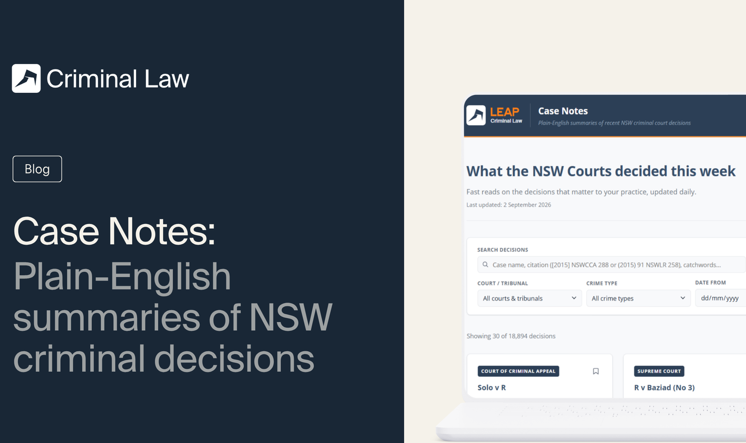 Website interface for "Criminal Law" blog with case notes, showcasing plain-English summaries of NSW criminal court decisions.