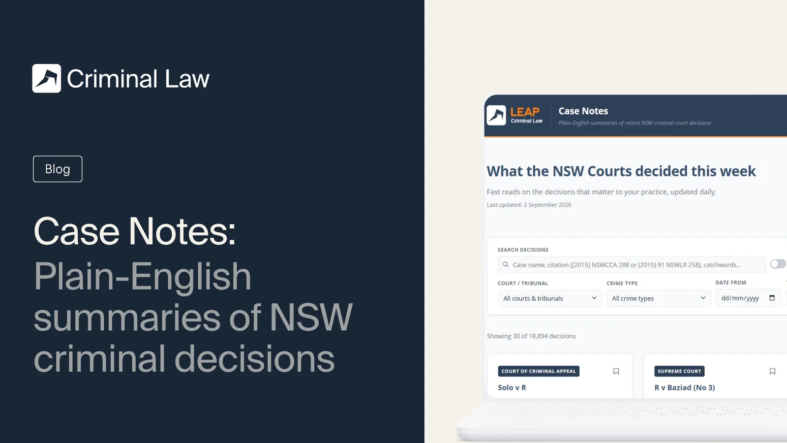 Website interface for "Criminal Law" blog with case notes, showcasing plain-English summaries of NSW criminal court decisions.