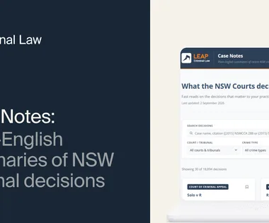 Website interface for "Criminal Law" blog with case notes, showcasing plain-English summaries of NSW criminal court decisions.