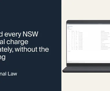 Blog graphic with text "Record every NSW criminal charge accurately, without the retyping" next to a laptop displaying a list of charges.