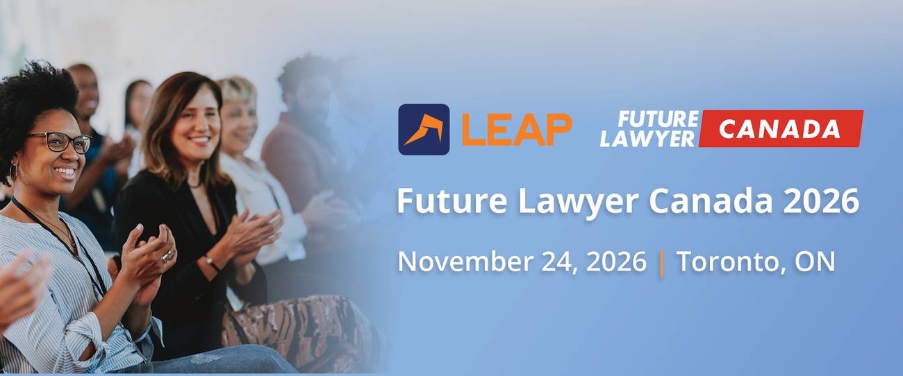 Audience clapping at a Future Lawyer Canada 2026 event, scheduled for November 24, 2026, in Toronto, ON, with LEAP and Future Lawyer Canada logos.