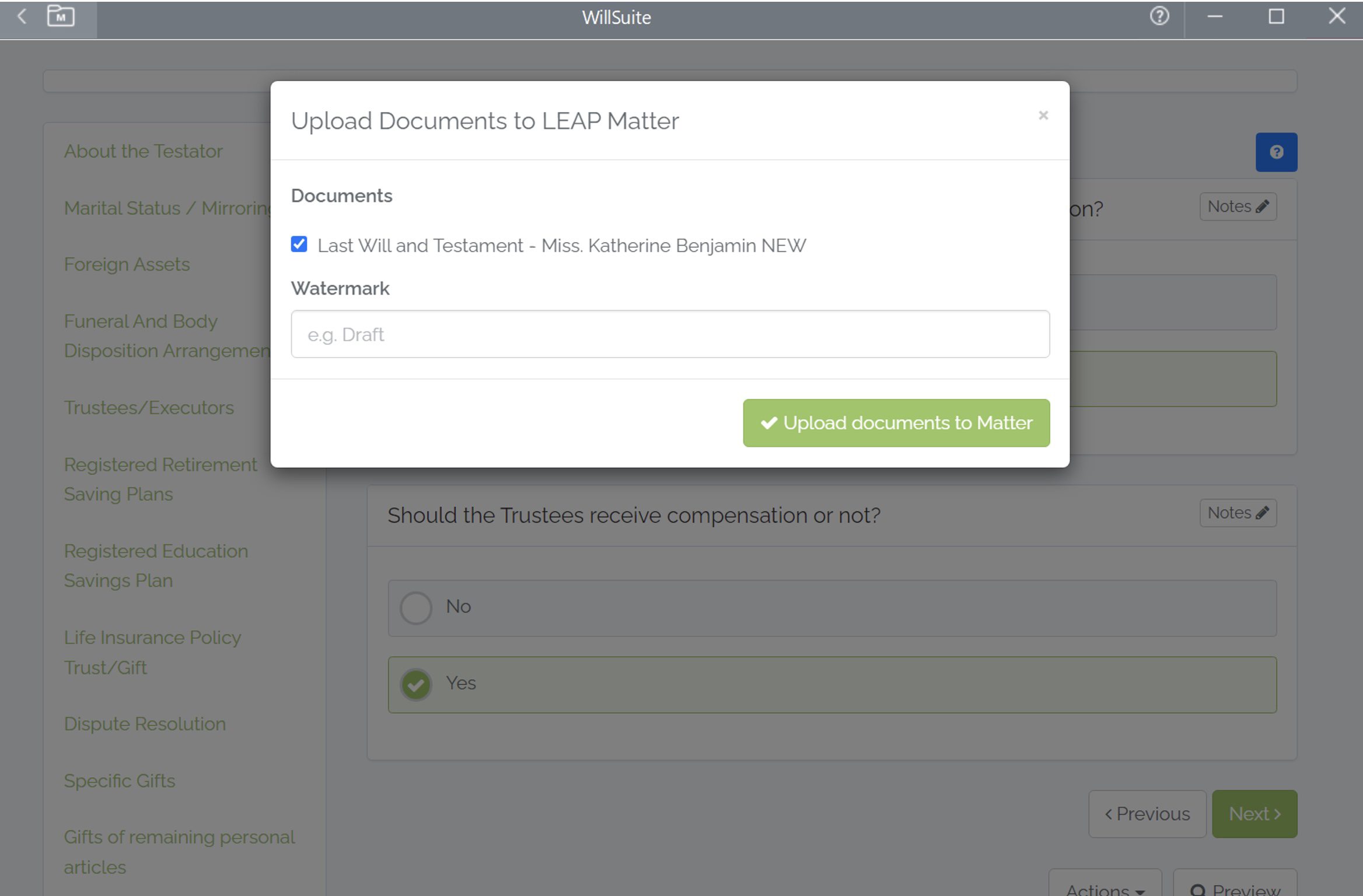 WillSuite document upload screen